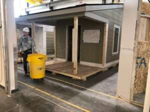 Here’s one of the teensy houses Metro Community College students are building for  the Cottages. (Cindy Gonzalez/Nebraska Examiner)