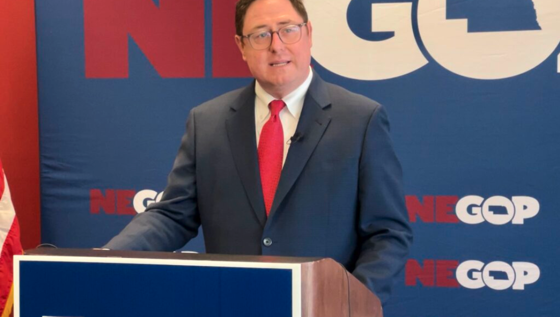  State Sen. Mike Flood of Norfolk speaks during the news conference announcing him as the Nebraska Republican Party’s nominee for the June 28 special election to fill out the remainder of former Rep. Jeff Fortenberry’s term. (Aaron Sanderford/Nebraska Examiner)