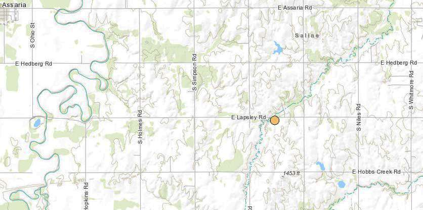 <b>The 7:18 a.m. Sunday, 2.1 magnitude Saline County earthquake.</b> Maps courtesy Kansas Geological Survey