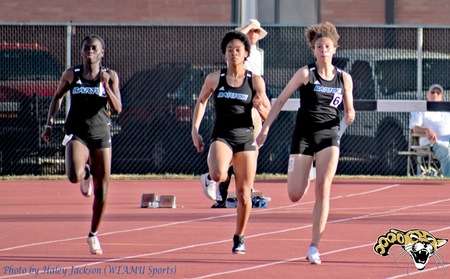 Barton women's track and field Ida Seesay, Deborah Lowe, and Naiya Morgan compete in the 200m - Barton Athletics