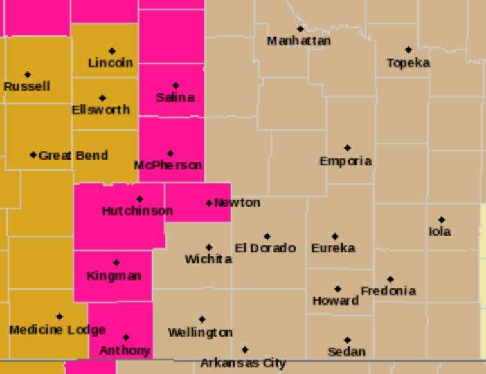 Brown-Wind Advisory, Pink-Red Flag Warning, Gold-High Wind Warning