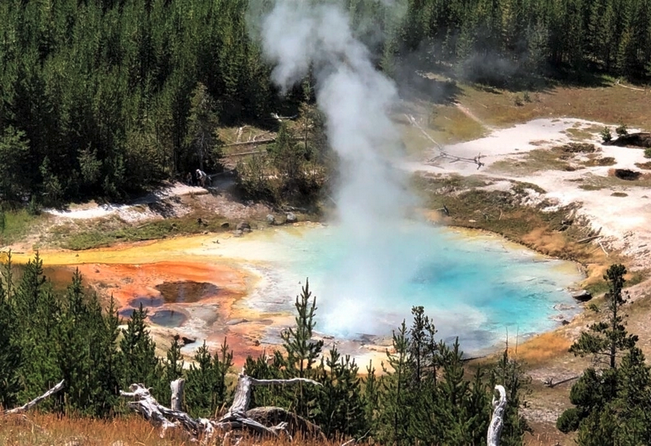 Imperial Geyser looking south. This hot spring pool is about 30 meters (about 100 feett) across and contains alkaline waters with a steam vent in the pool and mudpots outside the pool area (in the upper right part of this photo). (Photo by Pat Shanks of the USGS).