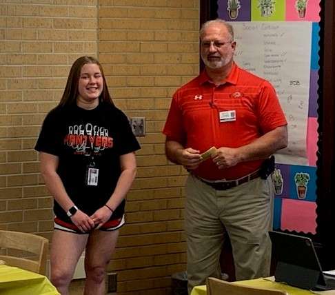 GBHS state champion bowler Kaylin Wahlmeier with principal Tim Friess