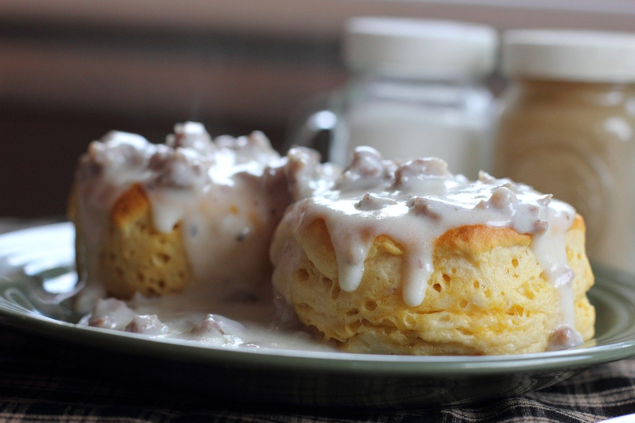 biscuit, gravy, breakfast