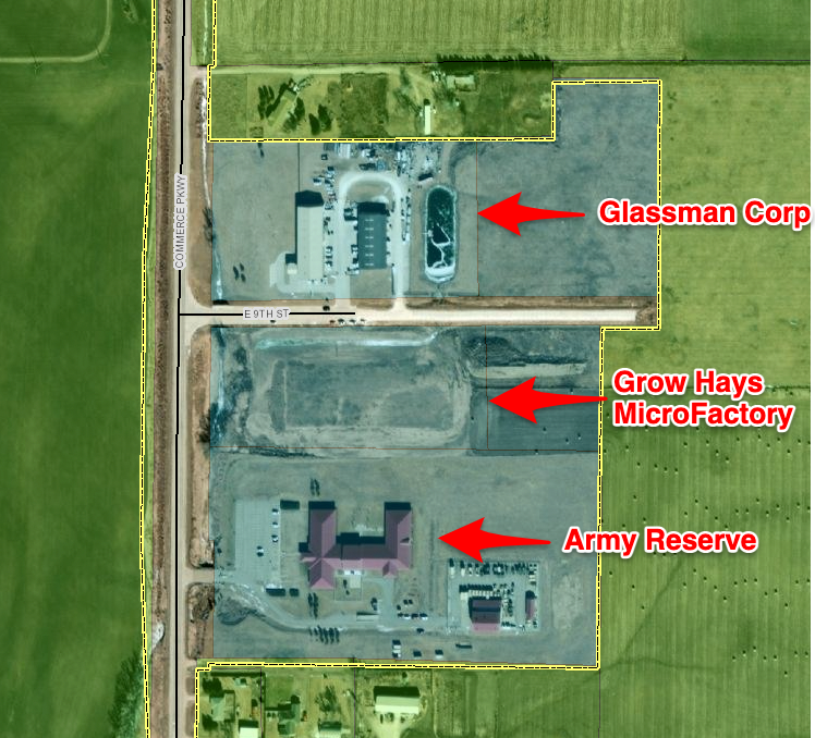 The Grow Hays microfactory will be built just north of the Army Reserve on East 9th Street. Photo courtesy city of Hays.&nbsp;