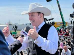 Nebraska gubernatorial candidate Charles Herbster gives an interview to One America News Network before former President Donald Trump’s rally in Greenwood, Nebraska. (Aaron Sanderford/Nebraska Examiner)