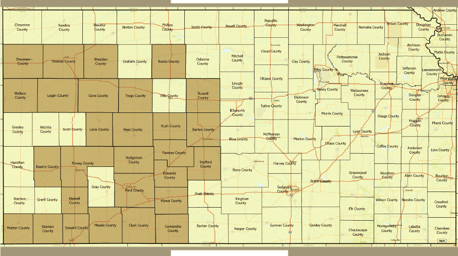 Map of Kansas Natural Resource Coalition member counties. Member counties are shaded in a darker color. Image courtesy of Ellis County<br>