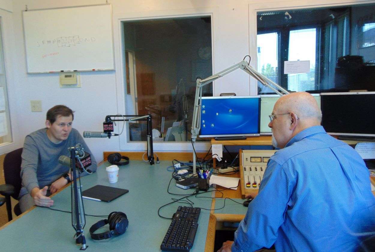 Grynyshyn speaks with host Barry Birr on the KFEQ Hotline/Photo by Brent Martin