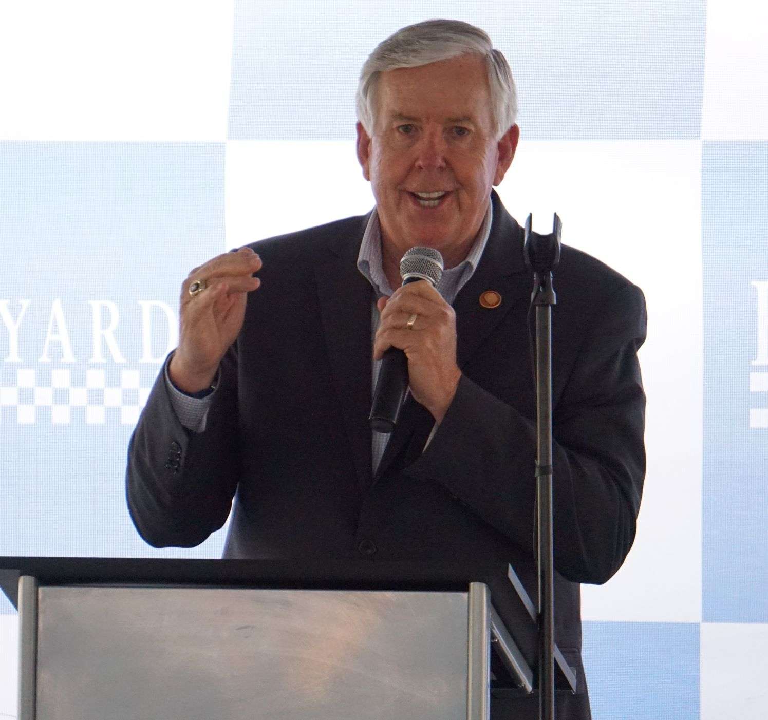 Governor Mike Parson speaks at the Hillyard ceremony Monday. Photo by Tommy Rezac.