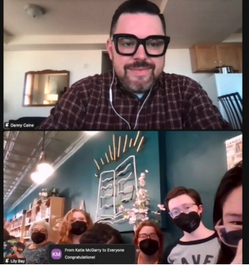 In a virtual awards ceremony, Danny Caine shared a split-screen with other co-owners of the Raven Book Store to accept the bookstore of the year award from Publishers Weekly. 