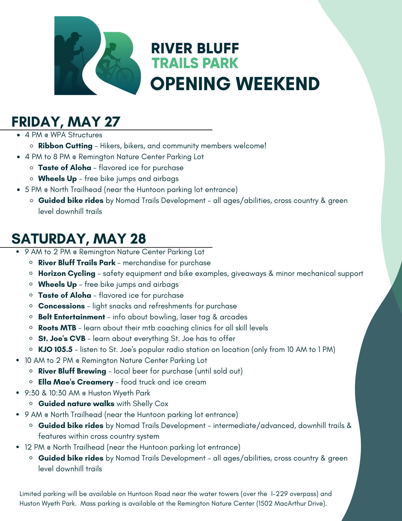 Schedule of events going on to celebrate the opening of the River Bluff Trails Park/ Courtesy of the River Bluff Trails Park Facebook page