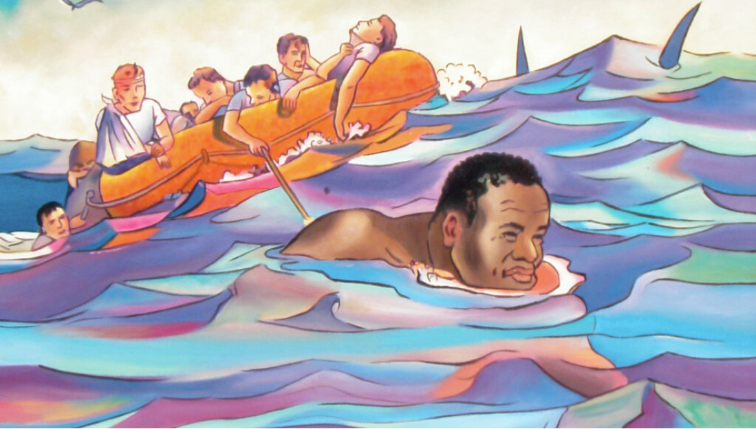 This is a painting commissioned for the International Swimming Hall of Fame Museum in Fort Lauderdale, Fla. It shows Charles Jackson French swimming injured sailors to safety after their ship sunk in World War II. (Courtesy of International Swimming Hall of Fame.)
