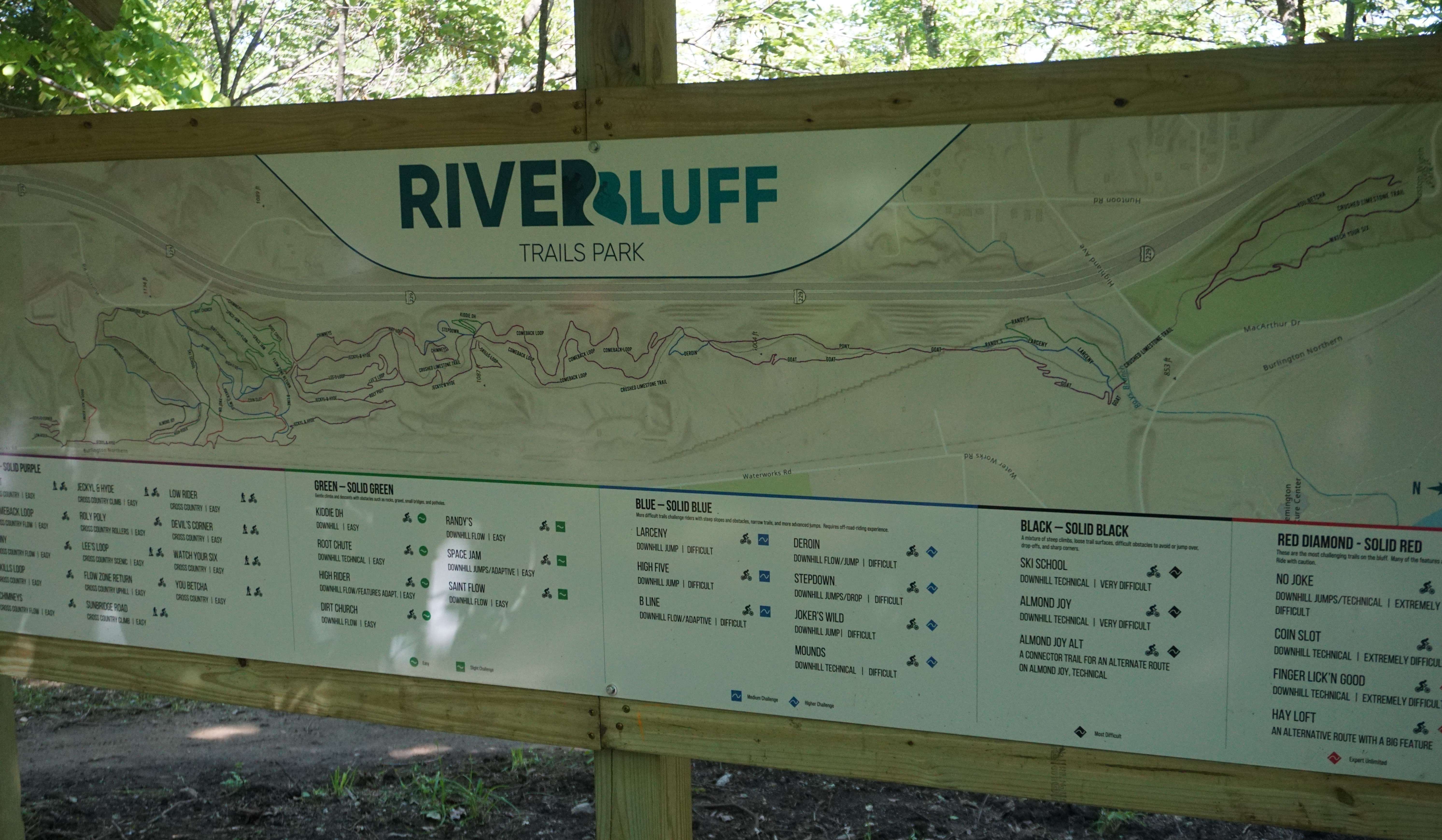 A map showing off the various trails and challenges at the River Bluff Trails Park/photo by Matt Pike