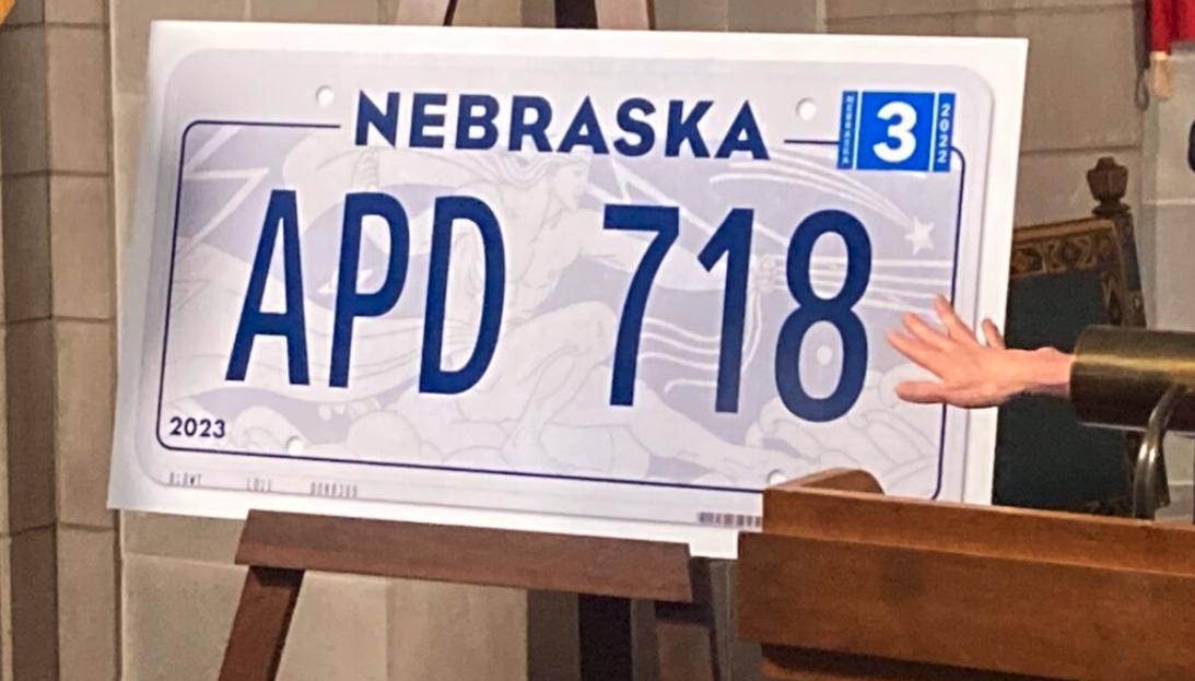 “The Genius of Creative Thinking,” a mosaic at the Nebraska State Capitol, was unveiled as the backdrop for the new state license plate. (Paul Hammel/Nebraska Examiner)