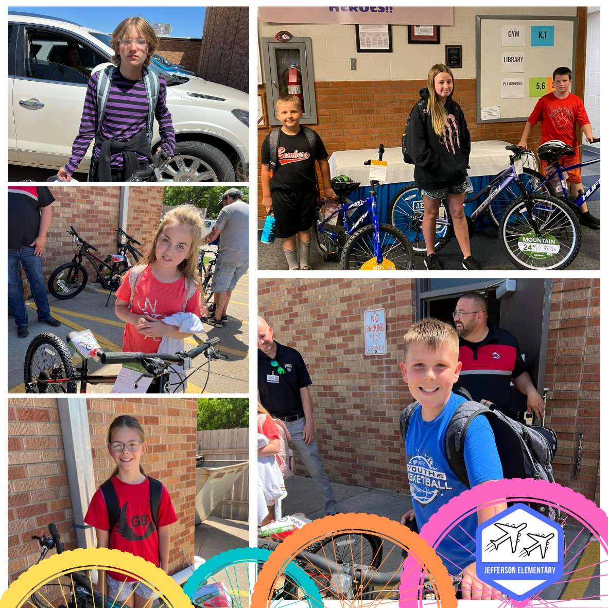 Jefferson Elementary School bike winners for perfect attendance.