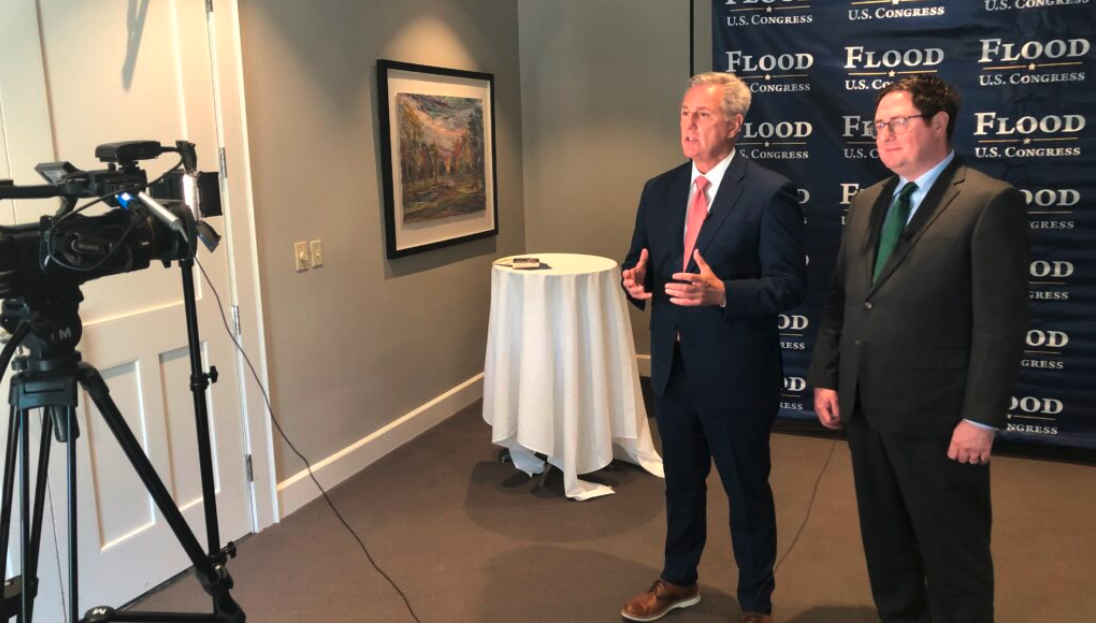 House Minority Leader Kevin McCarthy speaks to a television reporter at a Lincoln fundraiser for State Sen. Mike Flood, a candidate for the 1st District special election to the U.S. House. (Mike Flood for Congress)