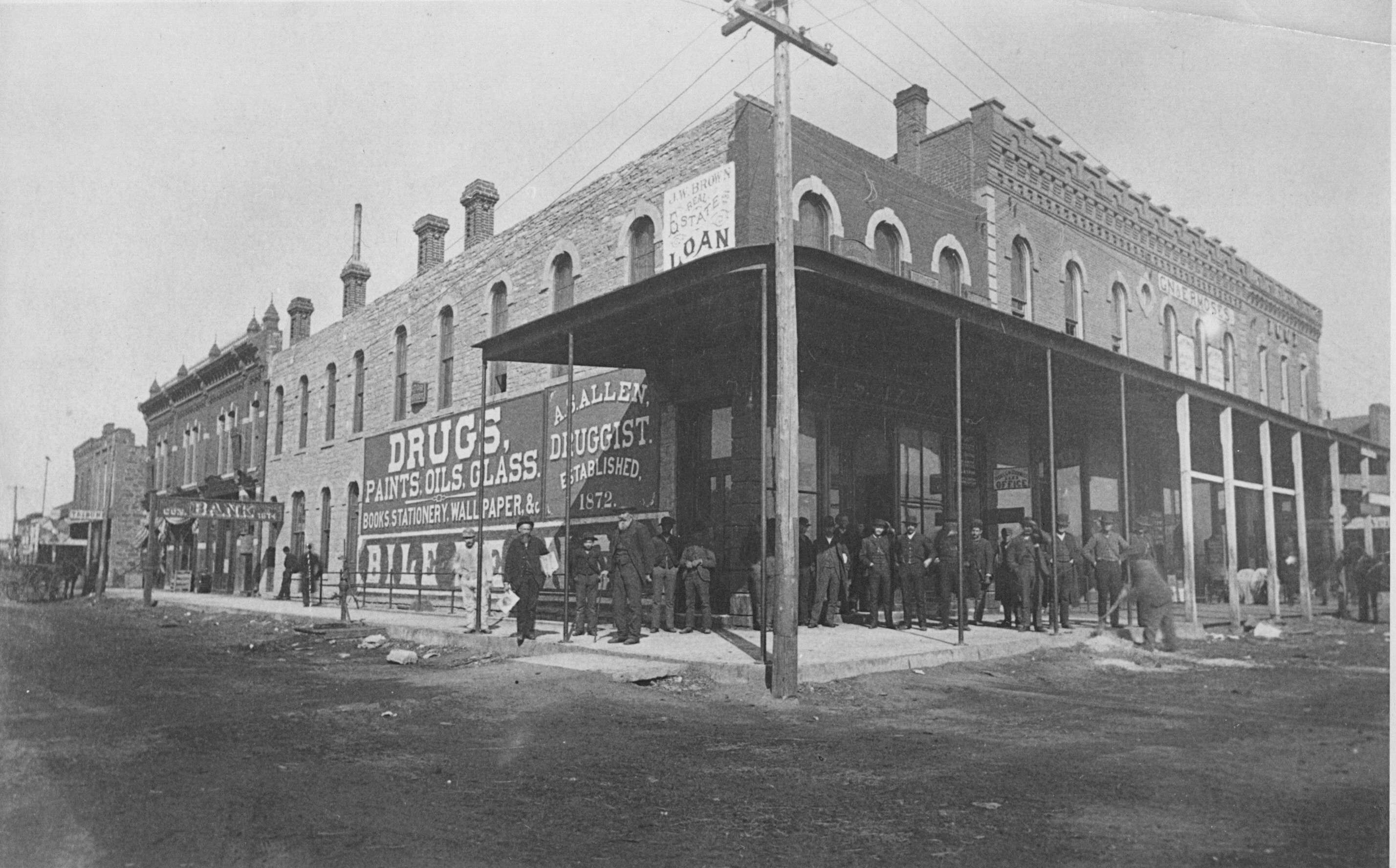 A. S. Allen's Drug Store at Forest and Main is the oldest surviving masonry building in Great Bend.