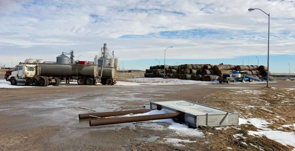 The AltEn sign had been taken down by January 2022, but the cleanup at the plant, which used contaminated seed corn to make corn-based ethanol, continues. (Paul Hammel/Nebraska Examiner)