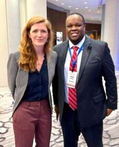 Laban Njuguna and Samantha Power, head of USAID, at the Global Impact Forum in Washington D.C.  (Courtesy of Global Leadership Coalition)