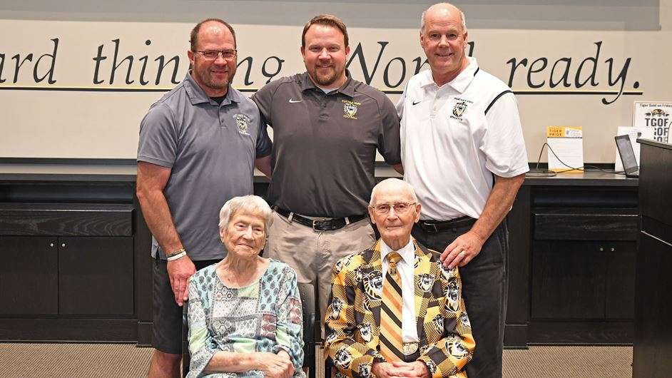 Back row L-R: FHSU head football coach Chris Brown, FHSU head athletic trainer Nate Hepner, FHSU athletic director Curtis Hammeke. Front row: Chris Bickle, Don Bickle (Courtesy FHSU Athletics, Ryan Prickett)