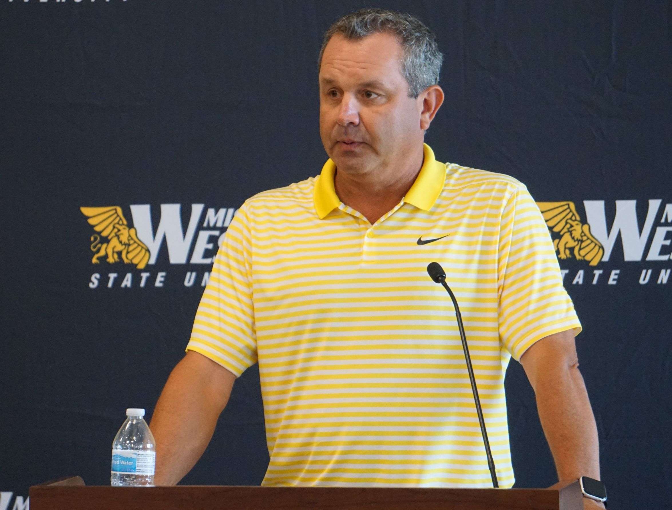 Matt Thrasher speaks after being introduced as the new Missouri Western men's and women's golf coach Friday. Photo by Tommy Rezac.