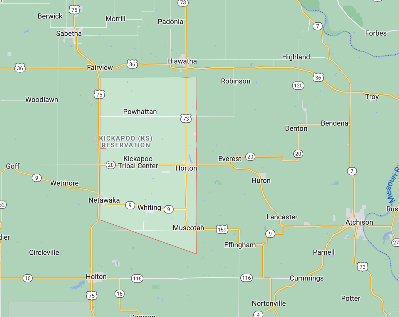 Kickapoo Reservation in Kansas -Google map