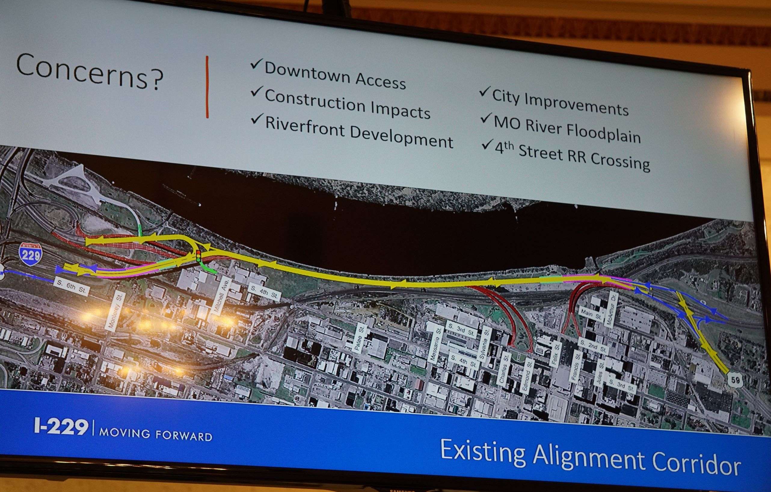The leading alternative to the I-229 double decker bridge appears to be this 'Existing Alignment Corridor' which would see a 2-4 lane road built along the current bridges' route. Photo by Tommy Rezac.