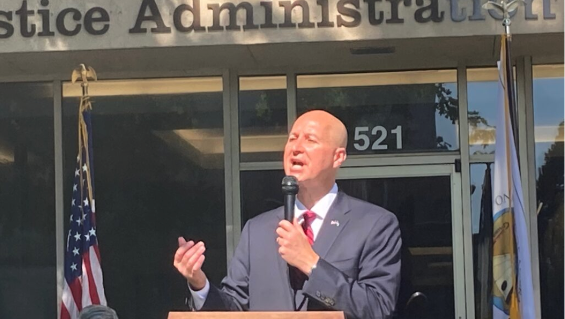 Gov. Pete Ricketts speaking Thursday at the dedication of a state office building in honor of Chief Standing Bear. Paul Hammel/Nebraska Examiner
