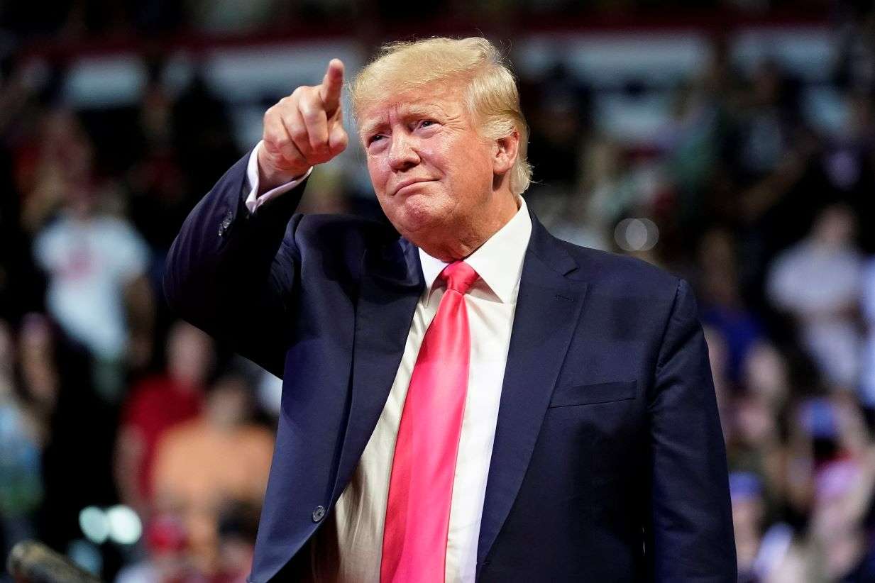 Former President Donald Trump points to the crowd as he arrives to speak at a rally July 22, 2022, in Prescott, Ariz. Trump is returning to Washington for the first time since leaving office to deliver a policy speech Tuesday night, July 26 before allies who have been crafting an agenda for a possible second term. Trump will address the America First Policy Institute's two-day America First Agenda Summit. (AP Photo/Ross D. Franklin, File)