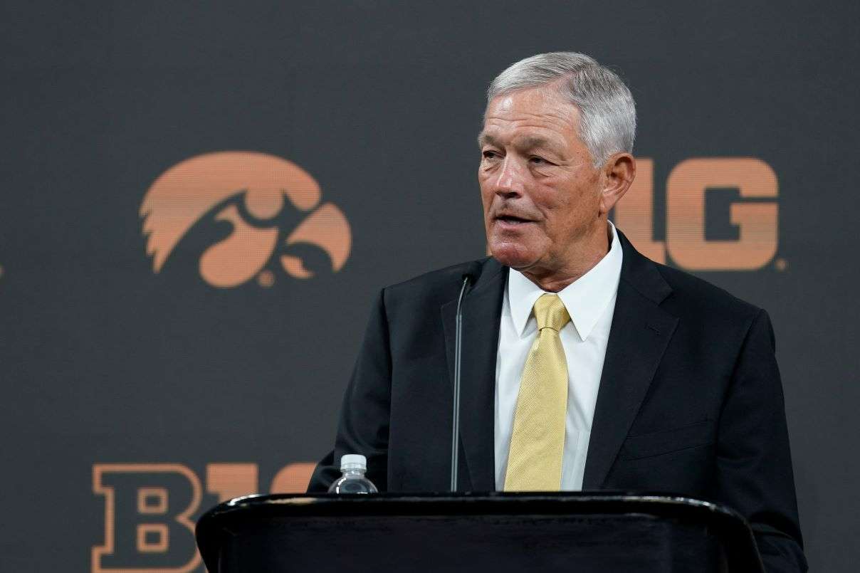 Iowa head coach Kirk Ferentz talks to reporters during an NCAA college football news conference at the Big Ten Conference media days, at Lucas Oil Stadium, Tuesday, July 26, 2022, in Indianapolis. (AP Photo/Darron Cummings)