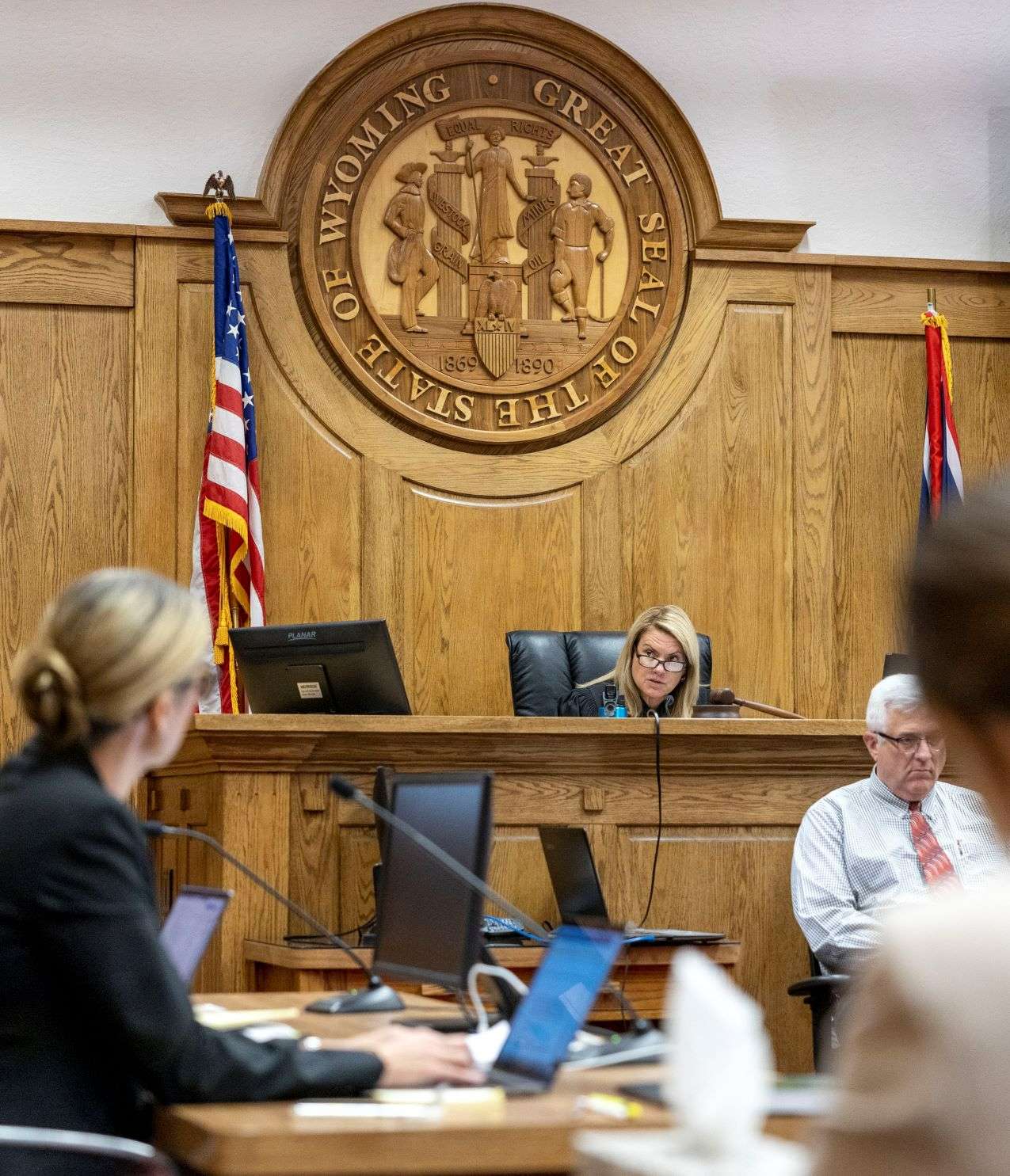 Judge Melissa Owens issues a temporary restraining order, Wednesday, July 27, 2022, in Ninth District Court in Jackson, Wyo., preventing the state's law banning most abortions from being implemented. ( (Bradly J. Boner/Jackson Hole News & Guide via AP, Pool)