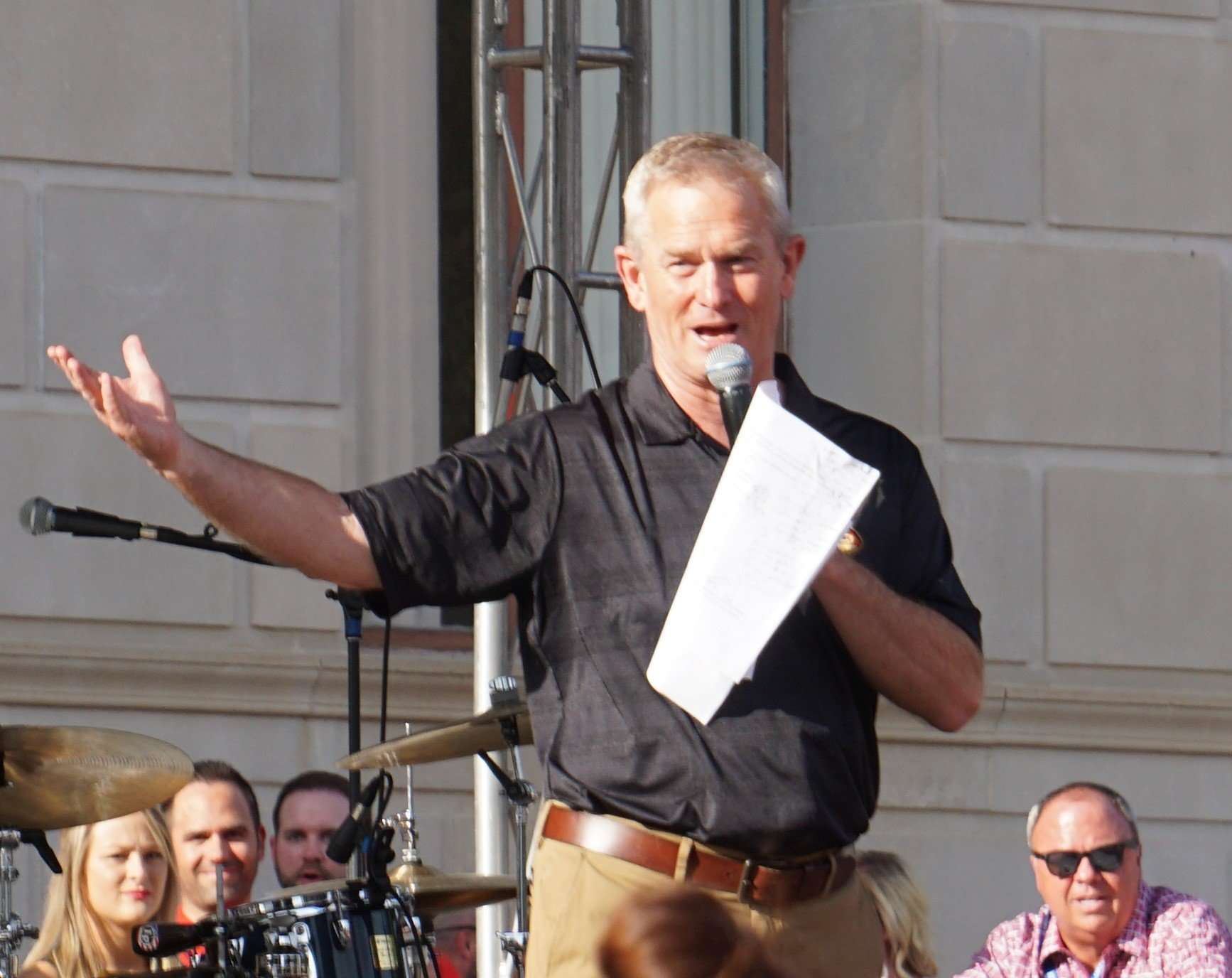 Voice of the Chiefs Mitch Holthus addresses the crowd at the Red Rally in St. Joseph on July 29. Photo by Matt Pike.