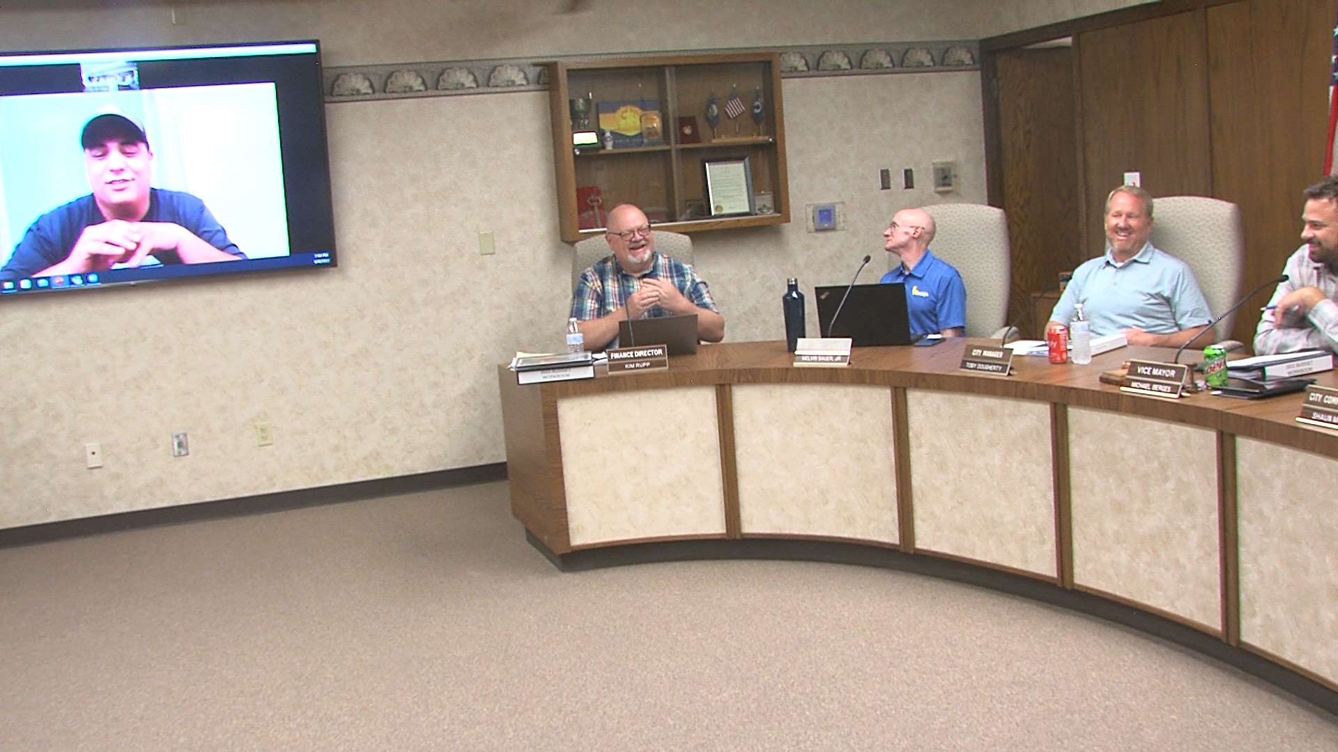 Mayor Mason Ruder participates via Zoom in the Aug. 4 Hays city commission work session which was conducted by Vice-mayor Michael Berges (right). (Photo by Becky Kiser/Hays Post)