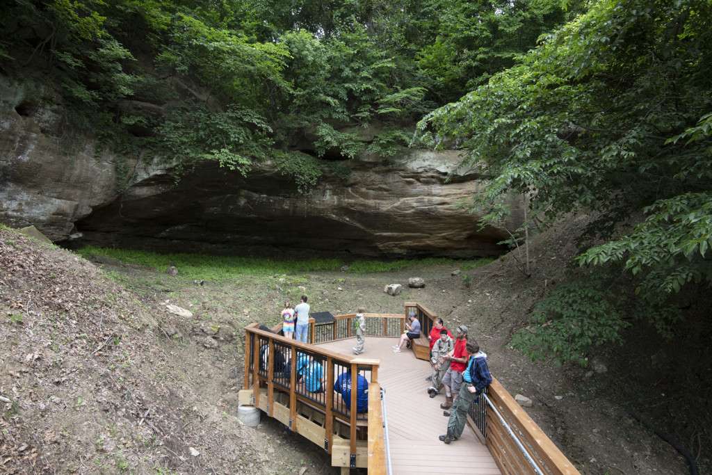 Indian Cave State Park guests enjoy the cave from the viewing platform at the end of the new boardwalk, which is compliant with the Americans with Disabilities Act. (Nebraskaland Magazine/NGPC)