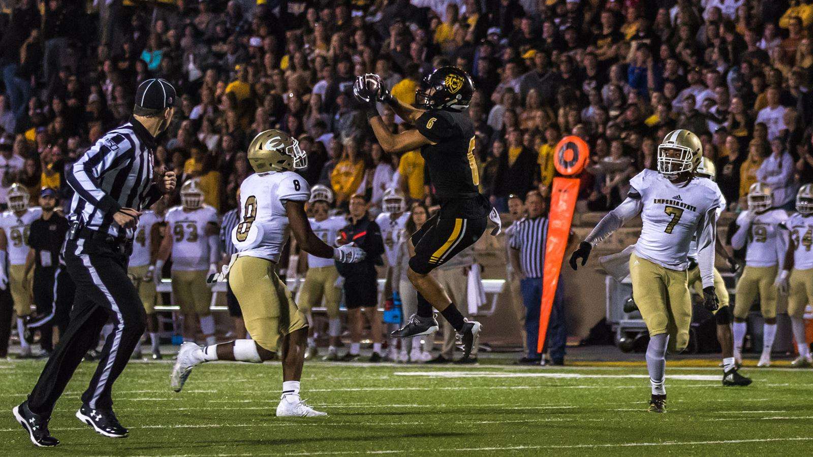 FHUS's Manny Ramsey makes a catch vs. Emporia State vs. Emporia State last season (Courtesy FHSU Athletics, Allie Schweizer)