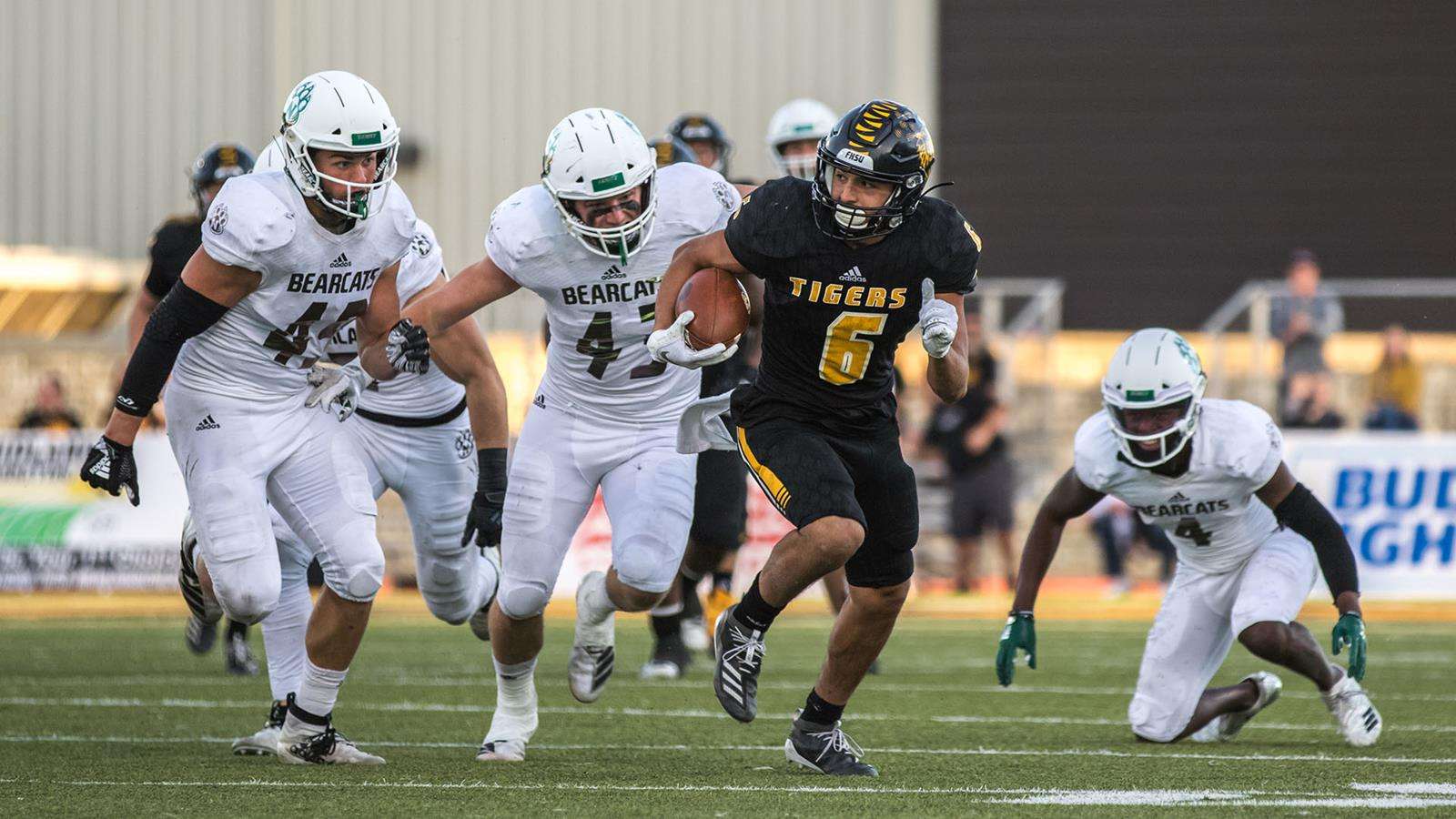 FHSU's Manny Ramsey heads upfield following a catch in last year's season-opener vs. NW Missouri State at Lewis Field (Courtesy FHSU Athletics (Allie Schweizer)