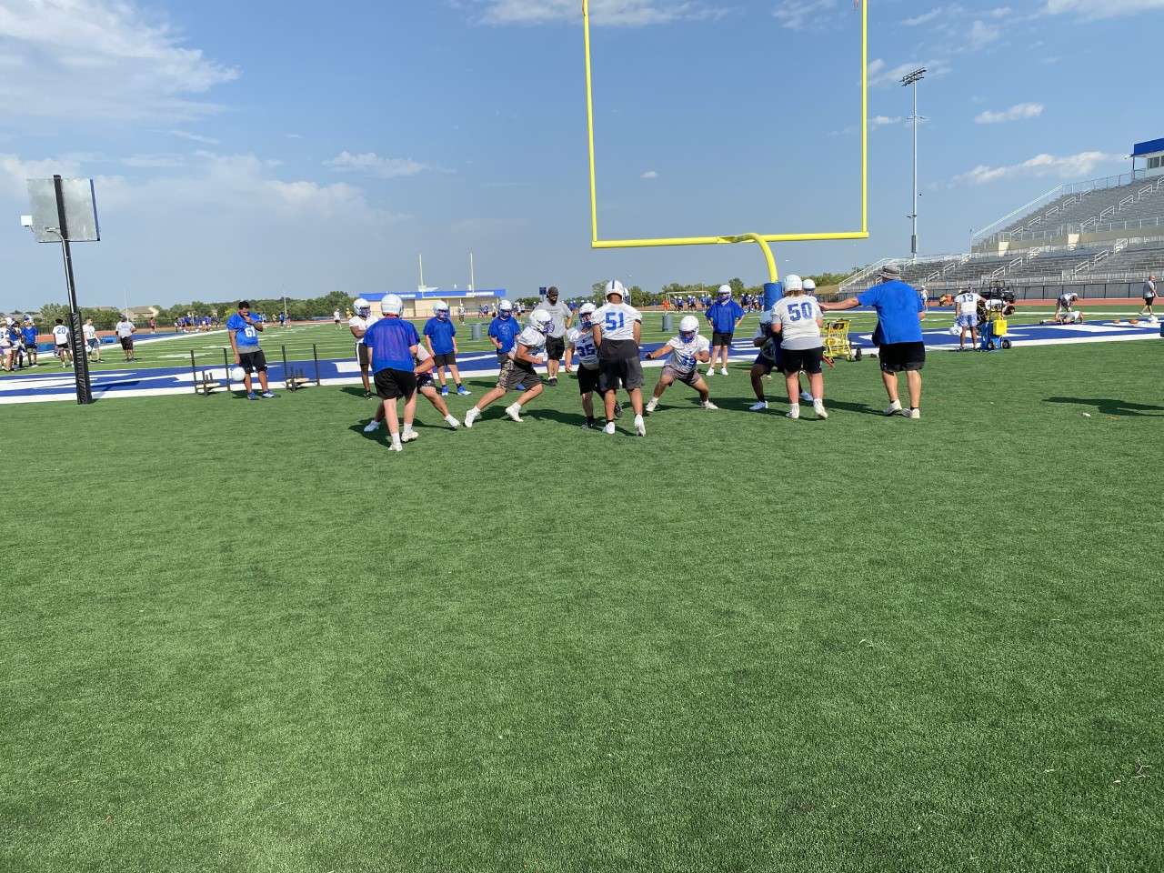 Blue Jay lineman practicing on the first day
