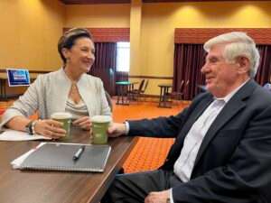 State Sen. Patty Pansing Brooks chats with former U.S. Sen. Ben Nelson, who endorsed her Democratic bid for Congress in Nebraska’s 1st Congressional District. (Aaron Sanderford/Nebraska Examiner)
