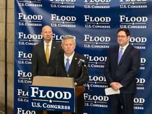 Former Gov. Dave Heineman, along with current Gov. Pete Ricketts, left, endorsed State Sen. Mike Flood’s bid for Congress. (Paul Hammel/Nebraska Examiner)