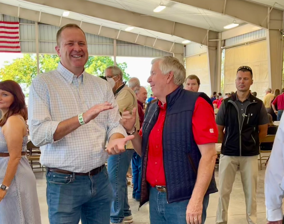 Republican U.S. Senate candidate and Missouri Attorney General Eric Schmitt&nbsp; during the Governor's Ham Breakfast at the Missouri State Fair in Sedalia, Mo. Thursday