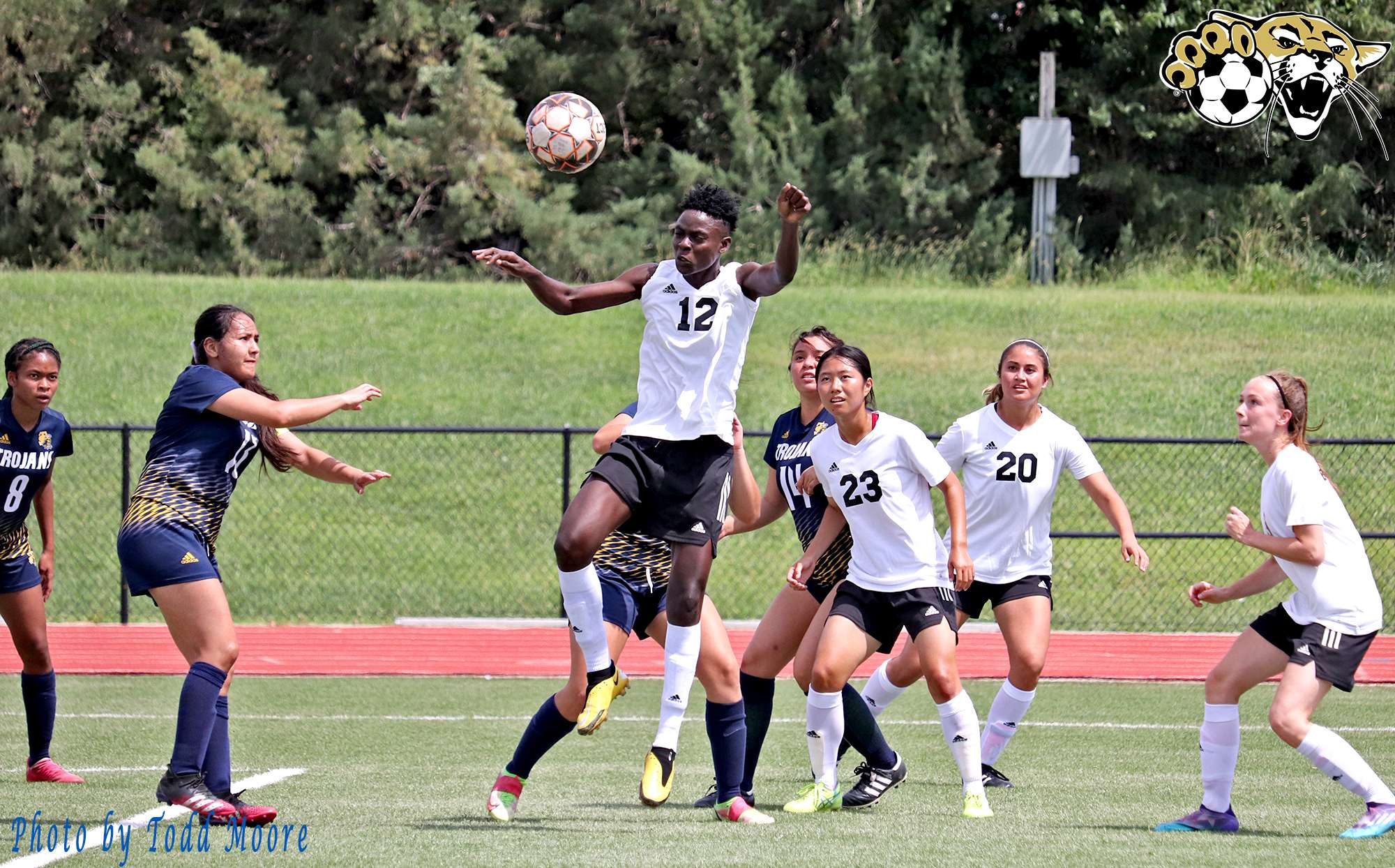 Barton women's soccer Nina Norshie goes up for header versus Trinidad State College