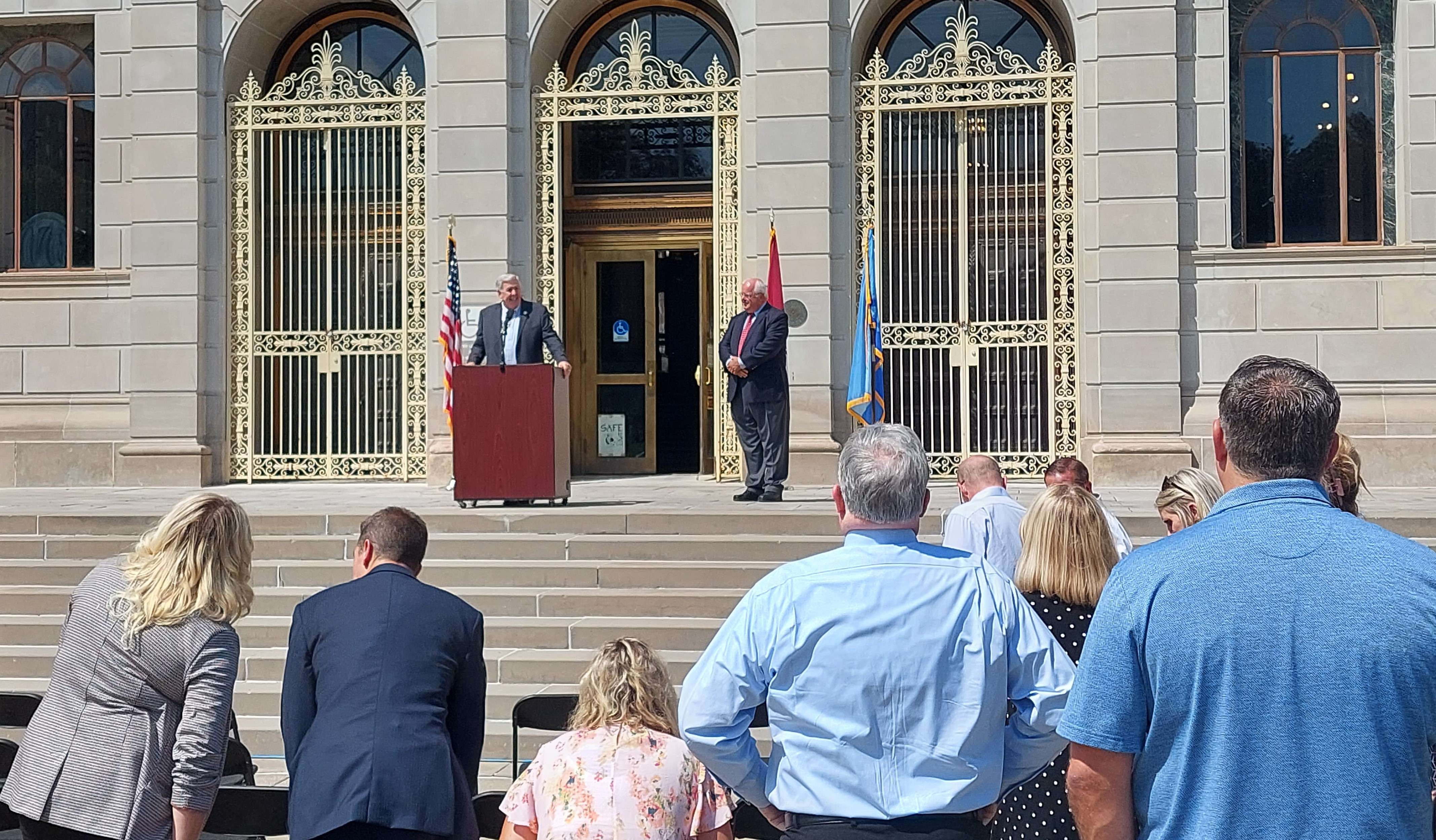 Gov Parson speaks outside St. Joseph City Hall/Photo by Matt Pike