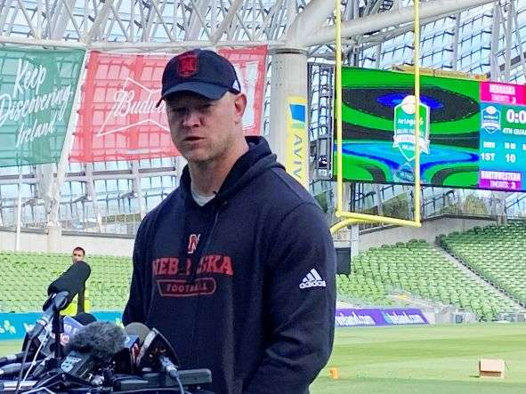 Nebraska coach Scott Frost answers questions from the media on Thursday, Aug. 25, 2022, at Aviva Stadium in Dublin. Nebraska faces Northwestern on Saturday in the Irish capital. `(AP Photo/Ken Maguire)