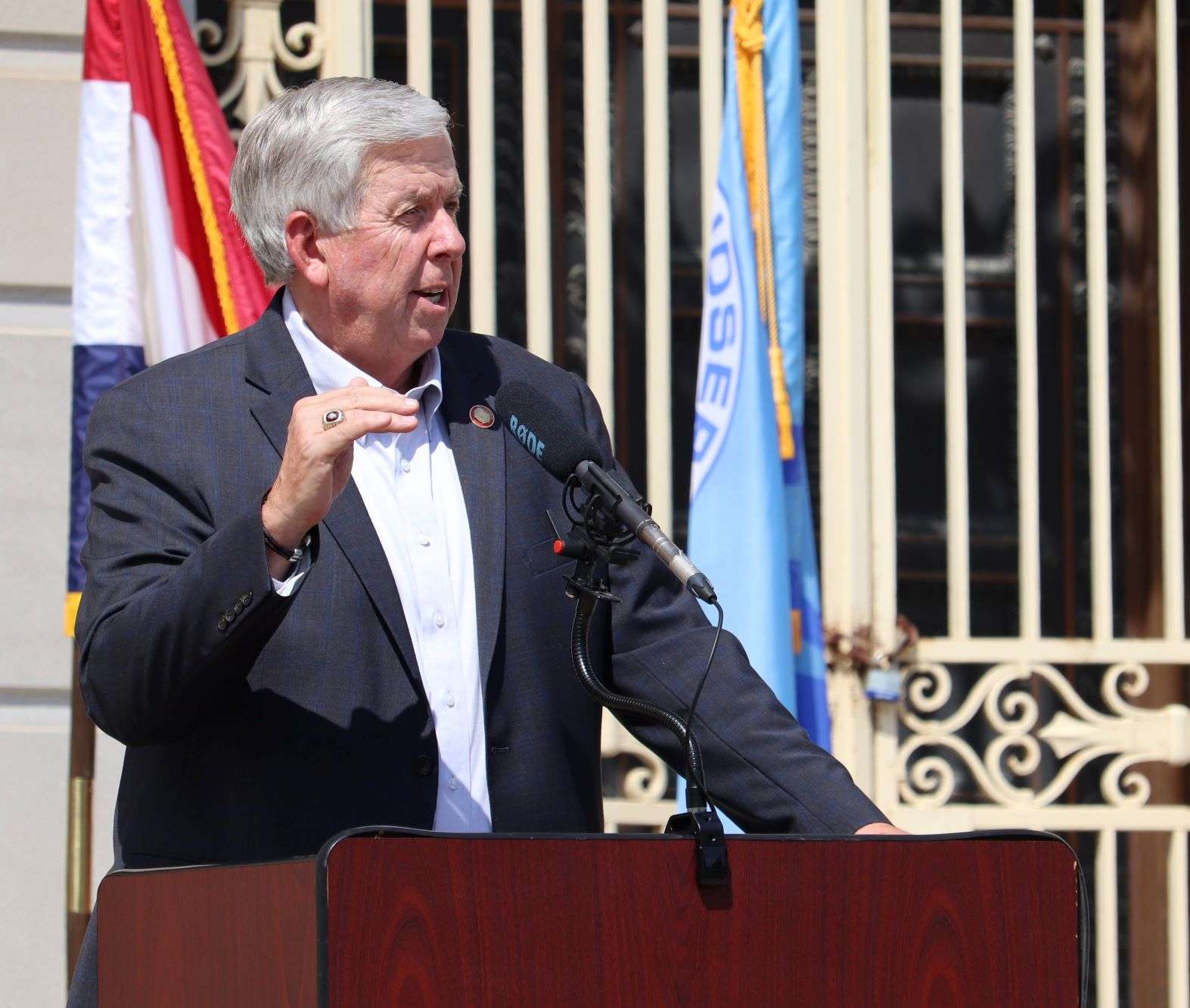 Gov. Mike Parson speaks during a recent visit to St. Joseph/Photo by Brent Martin