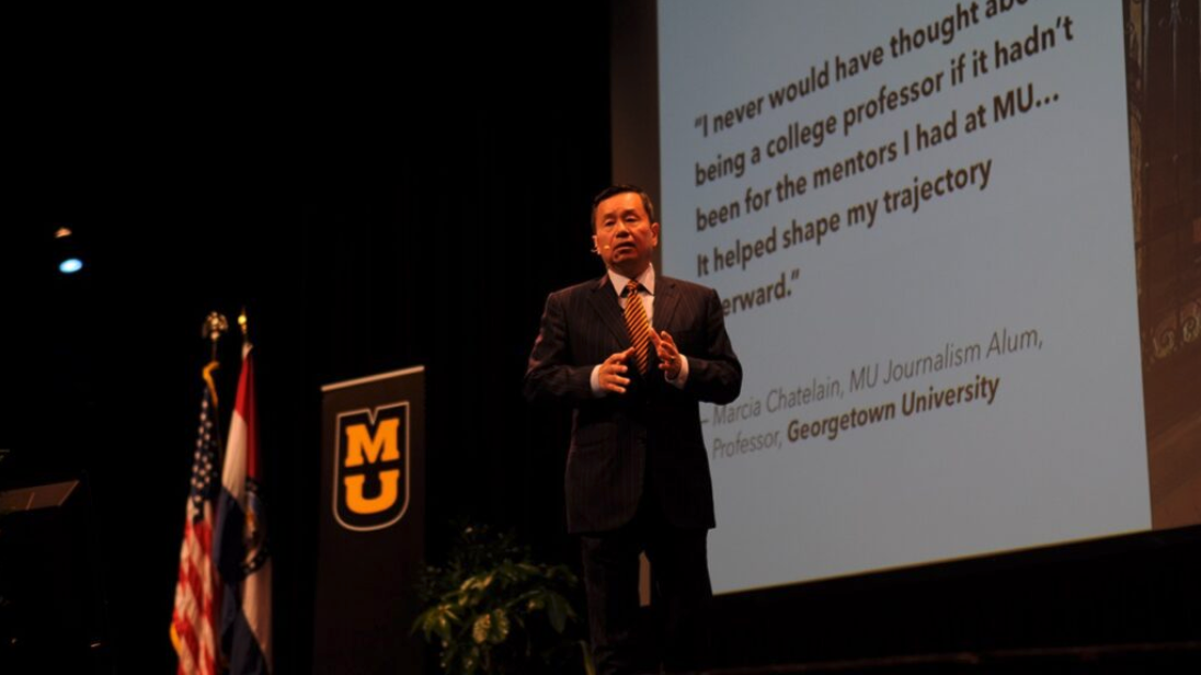Mun Choi, president of the University of Missouri System and chancellor of the Columbia campus, delivers the State of the University address in March (University of Missouri photo).