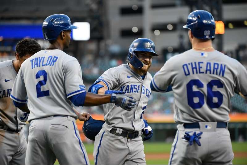 Teammates congratulate Royals' Kyle Isbel on his grand slam Saturday night at Comerica Park in Detroit. AP Photo/Jose Juarez.