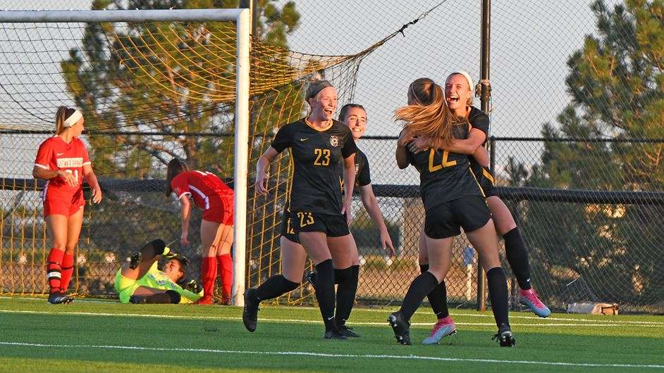 FHSU's Gracen Chaney celebrates after scoring vs. Northwestern Oklahoma State Monday at the FHSU Soccer Stadium. Courtesy FHSU Athletics/Nicole Heitmann.