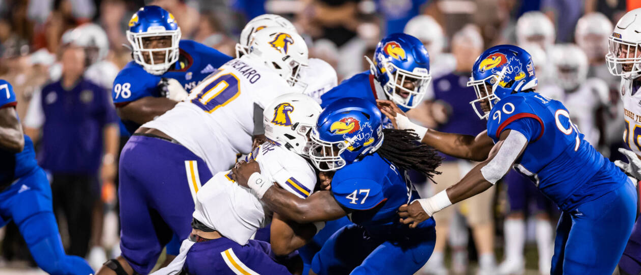 Lonnie Phelps, Jr. makes a tackle Friday in KU's win over Tennessee Tech at David Booth Memorial Stadium. Photo courtesy Kansas Athletics.