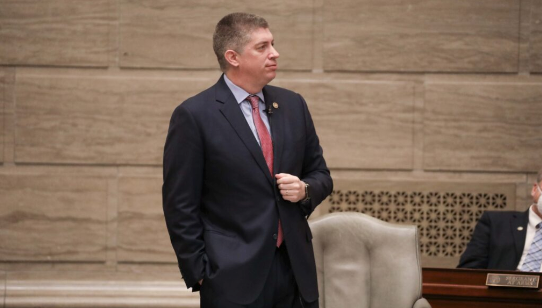 Sen. Bill Eigel, R-Weldon Springs, engages in debate in the Missouri Senate (photo courtesy of Missouri Senate Communications).