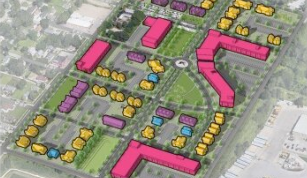 A Southside Terrace redevelopment proposal indicates new apartment-commercial structures in pink; smaller apartment buildings in yellow; townhomes in purple and duplexes in blue. (Courtesy of Canopy South)
